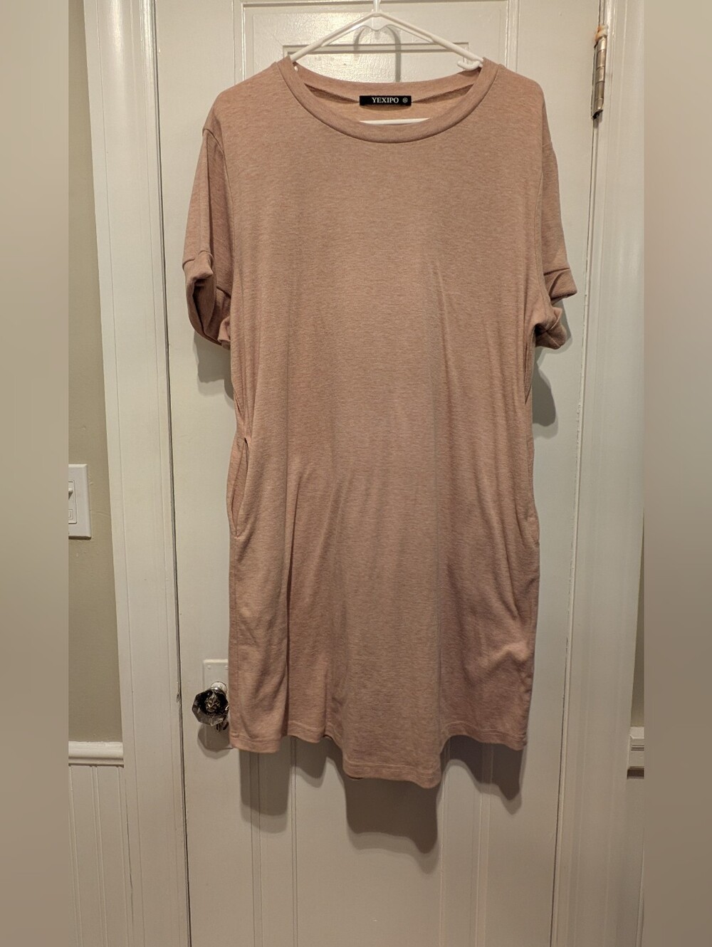 Yexipo Women's Short Sleeve Pocket T Shirt Dress in Classic Beige